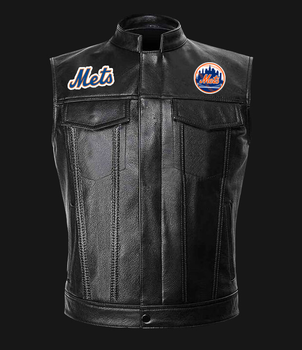 Maker of Jacket Leather Vest MLB Team Black New York Mets
