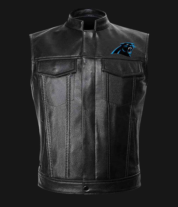 NFL Team Carolina Panthers Black Leather Vest