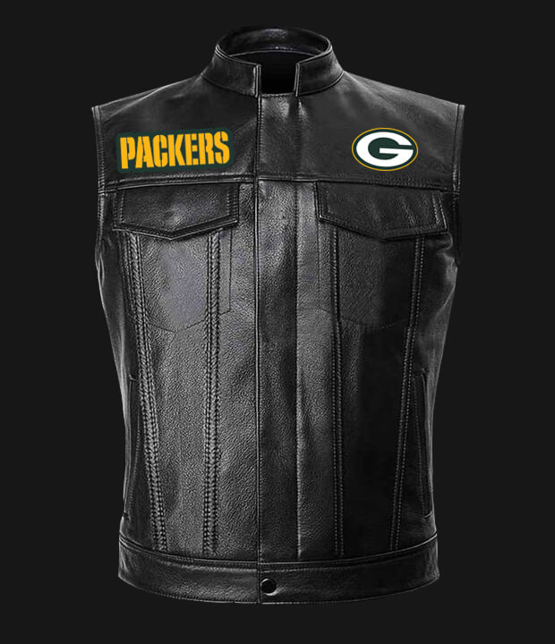 Maker of Jacket NFL Green Bay Packers Team Black Leather Vest