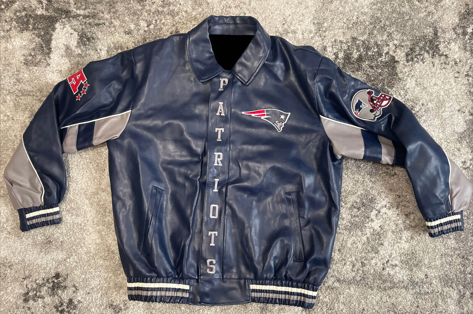 New England Patriots Navy Blue And Gray Leather Jacket - Maker of Jacket