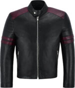 Black And Maroon Stripe Biker Style Leather Jacket