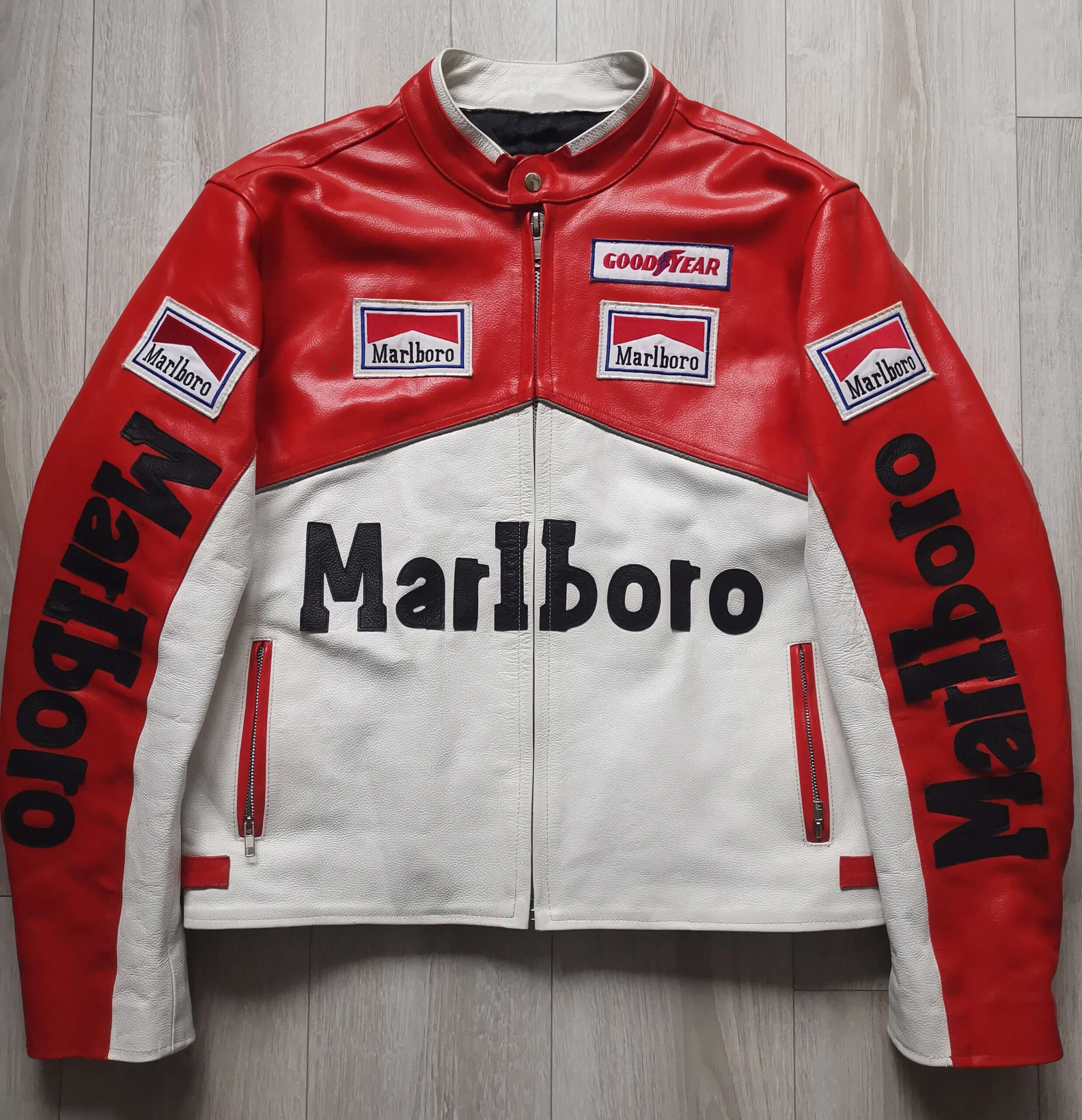 Vintage Max USA Leather Jacket Racing Patches Large Red/Black/White