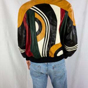 Vintage Colorblock Abstract Geometric Leather Jacket