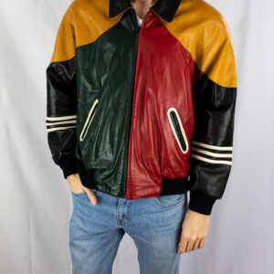 Vintage Colorblock Abstract Geometric Leather Jacket