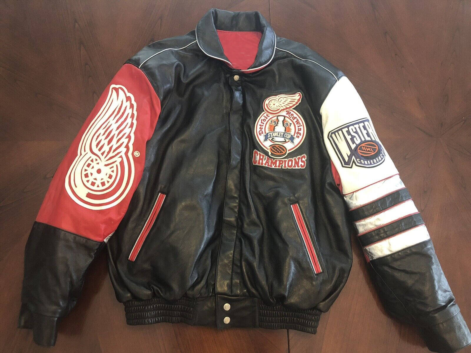NHL Detroit Red Wings Style 8 Logo Black And Brown Leather Jacket