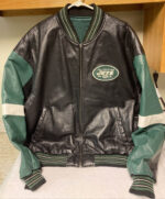 G-III New York Jets Black Leather Bomber Jacket