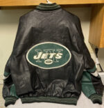 G-III New York Jets Black Leather Bomber Jacket