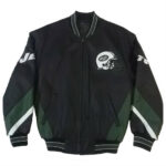 Vtg New York Jets Black Leather Bomber Jacket