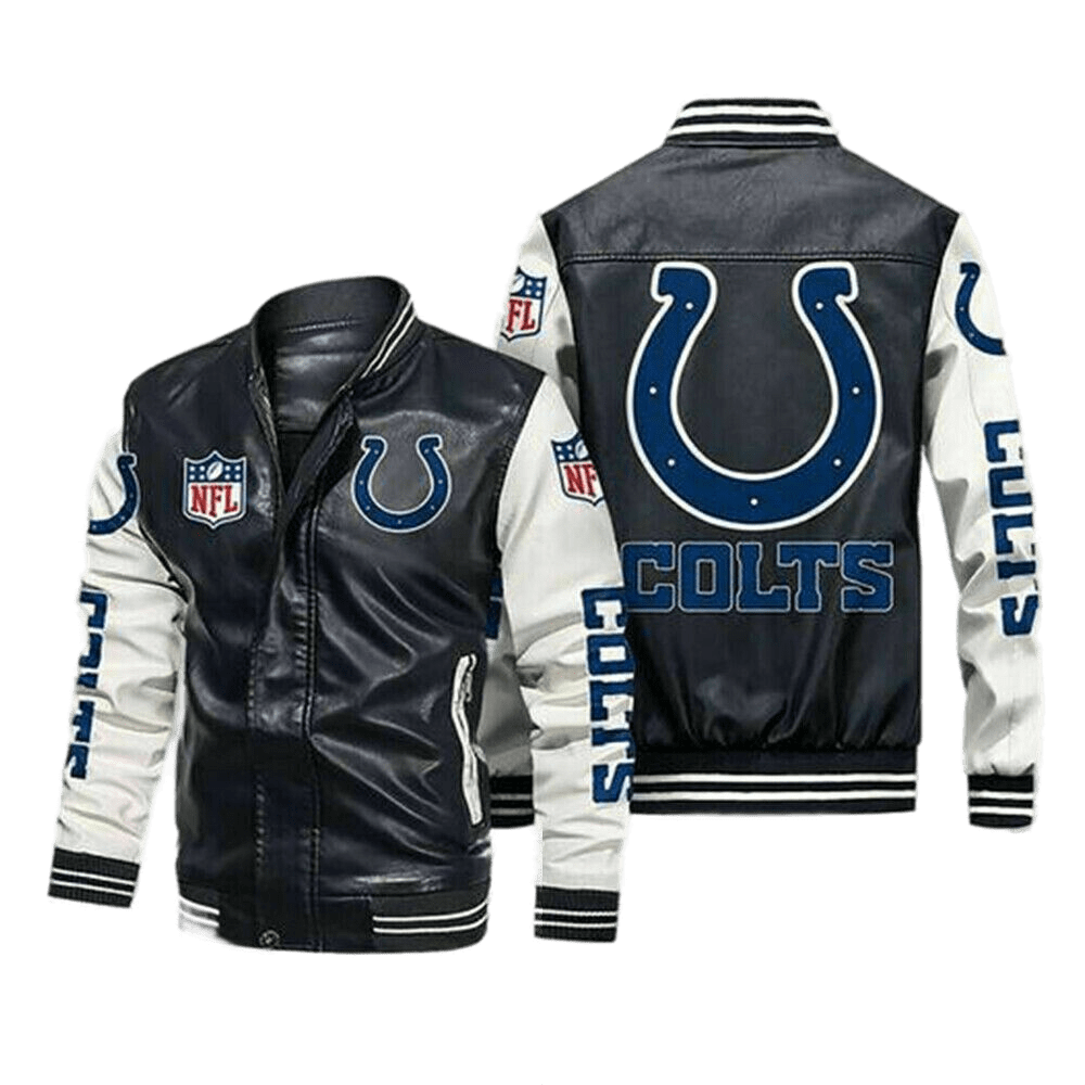 Indianapolis Colts Black White Bomber Leather Jacket - Maker of Jacket