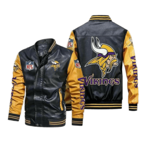 Minnesota Vikings Mens Leather Bomber Jacket Vintage Collared Motorcycle  Coat