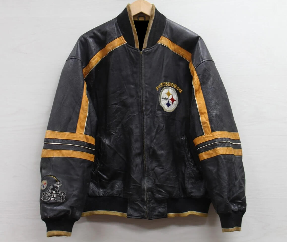 Wool/Leather Pittsburgh Steelers Varsity Black and Cream Jacket - Jackets  Masters