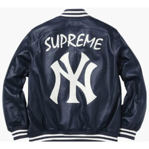 Supreme Yankees Navy Blue Leather Varsity Jacket