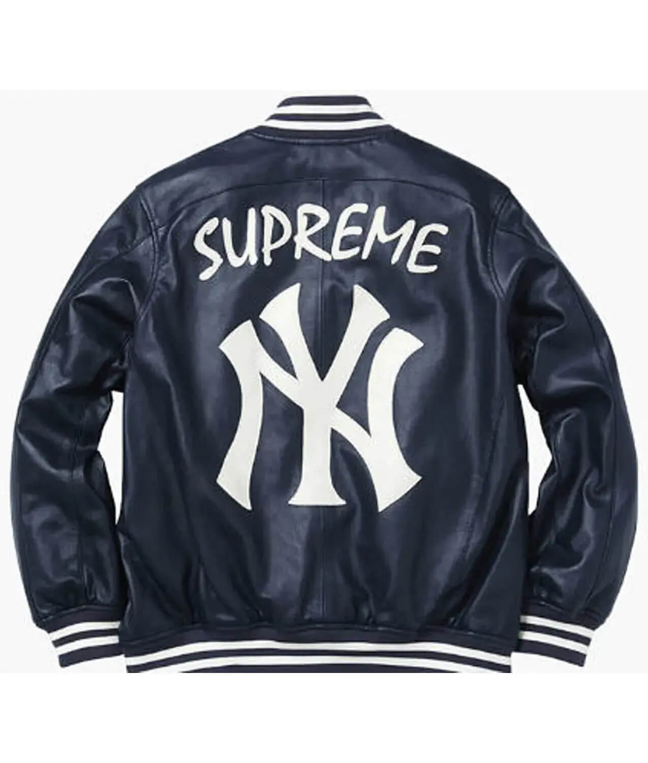 Supreme Yankees Navy Blue Leather Varsity Jacket - Maker of Jacket