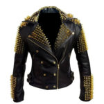 Black Punk Golden Spike Studded Leather Jacket