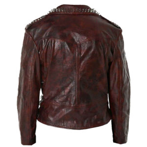 Full Red Waxed Silver Spiked Studded Leather Jacket