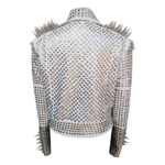 White Punk Silver Long Spiked Studded Leather Jacket
