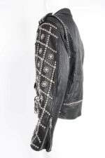 Black Silver Diamond Pattern Studded Biker Leather Jacket