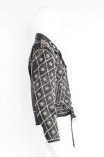 Black Silver Diamond Pattern Studded Biker Leather Jacket