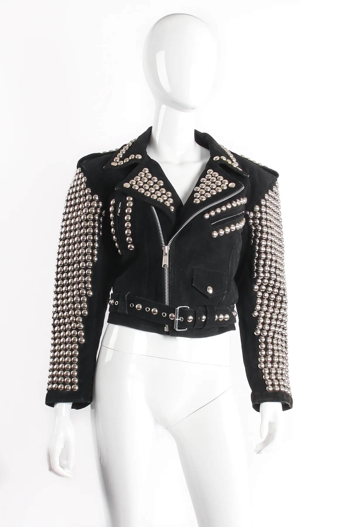 Black Silver Studded Biker Suede Leather Jacket