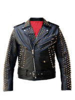 Black Techno Never Sleeps Biker Studded Leather Jacket - Front