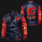 Calgary Flames Navy Red Bomber Leather Jacket