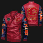 Calgary Flames Red Navy Bomber Leather Jacket