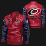 Carolina Hurricanes Red Navy Bomber Leather Jacket