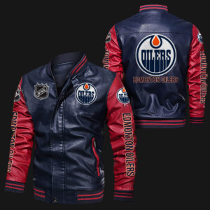 Edmonton Oilers Navy Red Bomber Leather Jacket