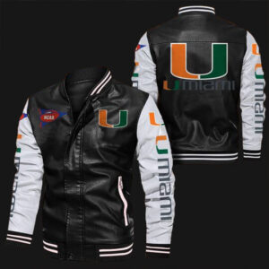 Miami Hurricanes Black White NCAA Bomber Leather Jacket