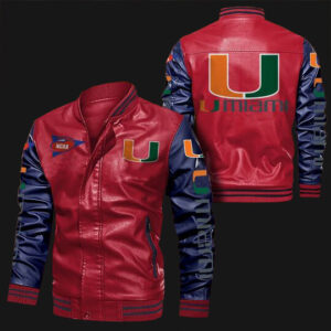 Miami Hurricanes Red Blue NCAA Bomber Leather Jacket