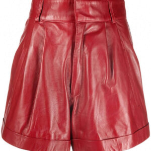 Red Pleat Detail Leather Shorts