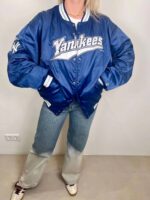 Blue New York Yankees Bomber Satin Jacket