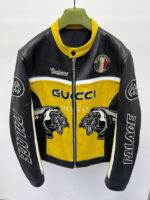 Guccy X Palace Black Yellow Vintage Racing Leather Jacket