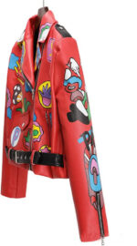 Cartoon Cat Print Red Biker Leather Jacket