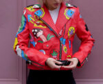 Cartoon Cat Print Red Biker Leather Jacket